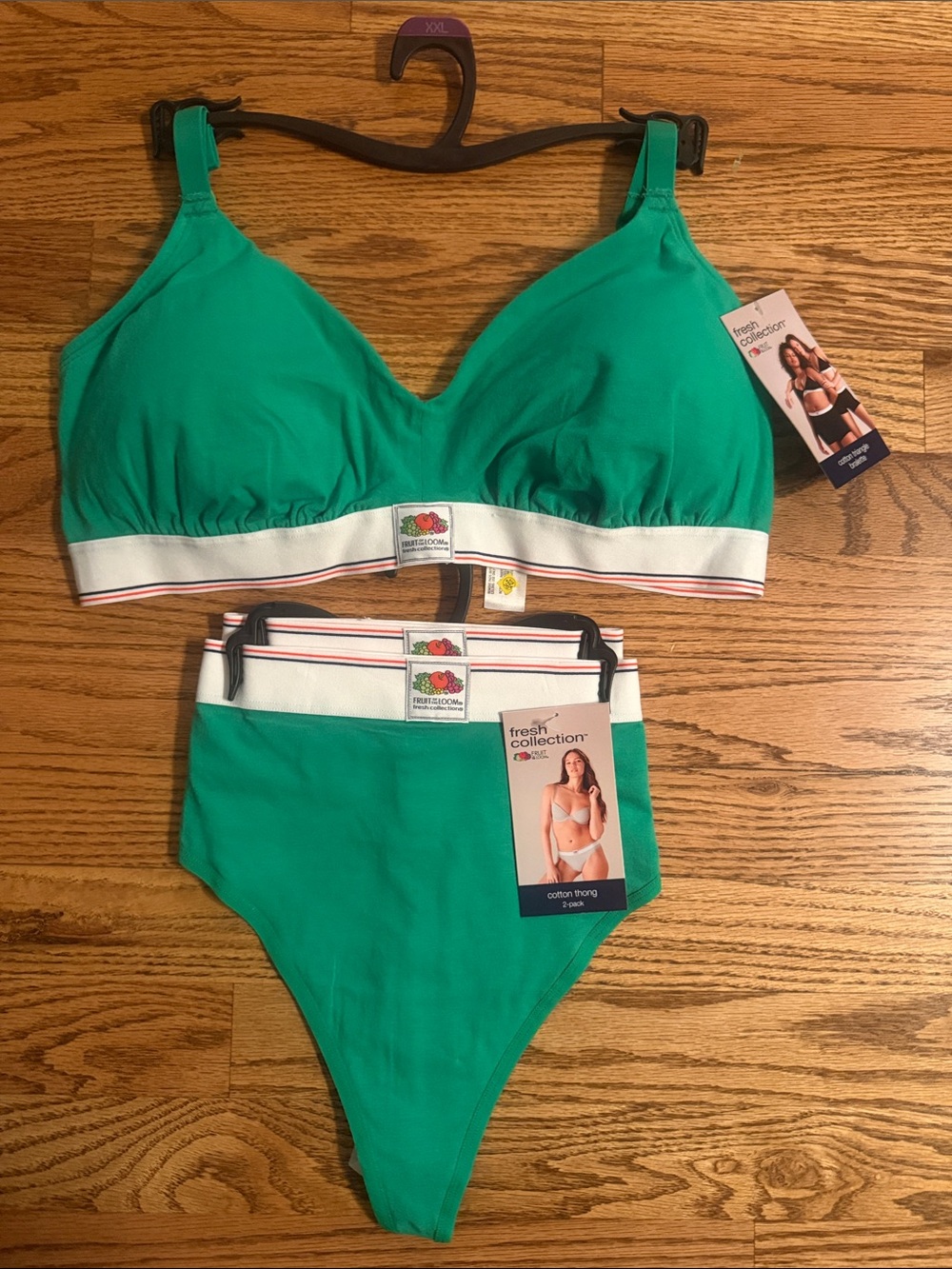 NWT Fruit of the Loom XXL Green Bralette + 2 Cotton Thongs 3 Pc Set